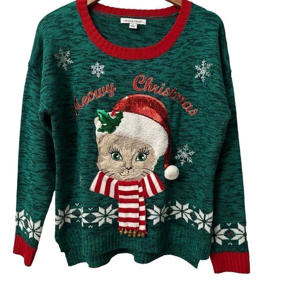 99 Jane Street ~ Green Kitty Sweater ~ scarf with jingle bells ~ size XLarge - Picture 1 of 12